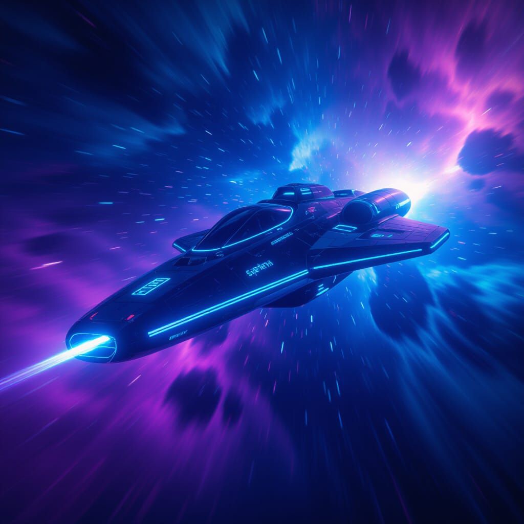 Sleek Obsidian Spaceship Soars Through Cosmic Nebula