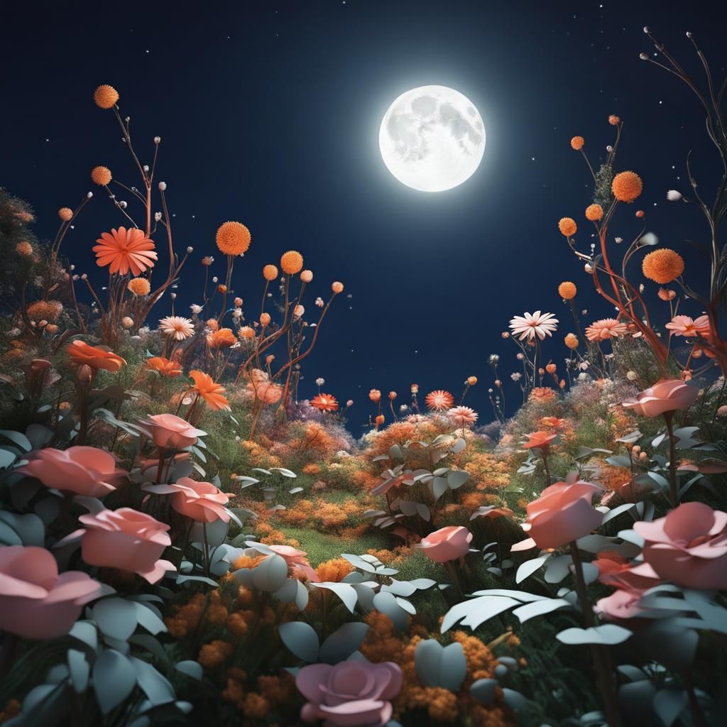 Blooming Garden Under Moonlight in 3D Abstract