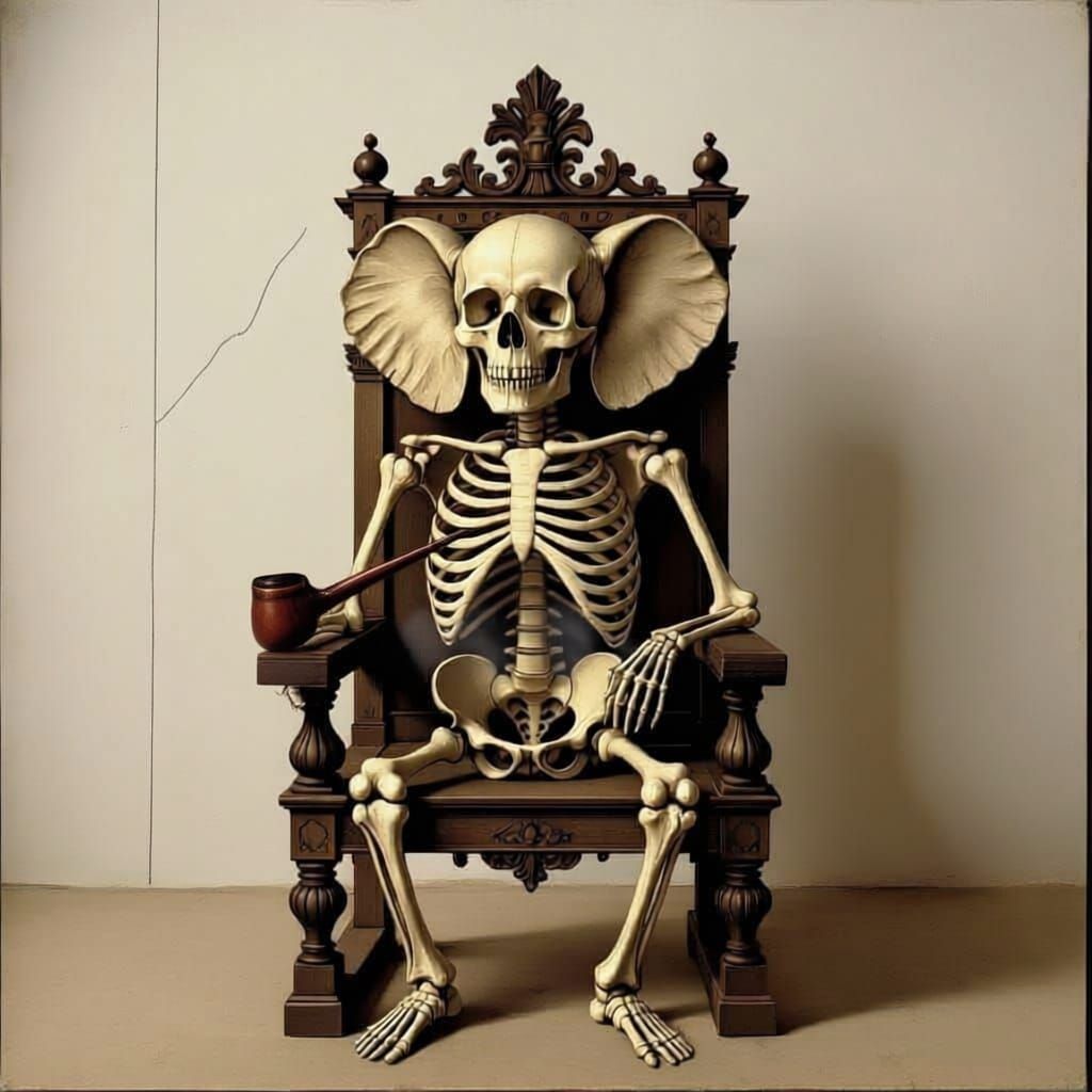 Skeleton with Elephant Ears Smoking Pipe on Throne