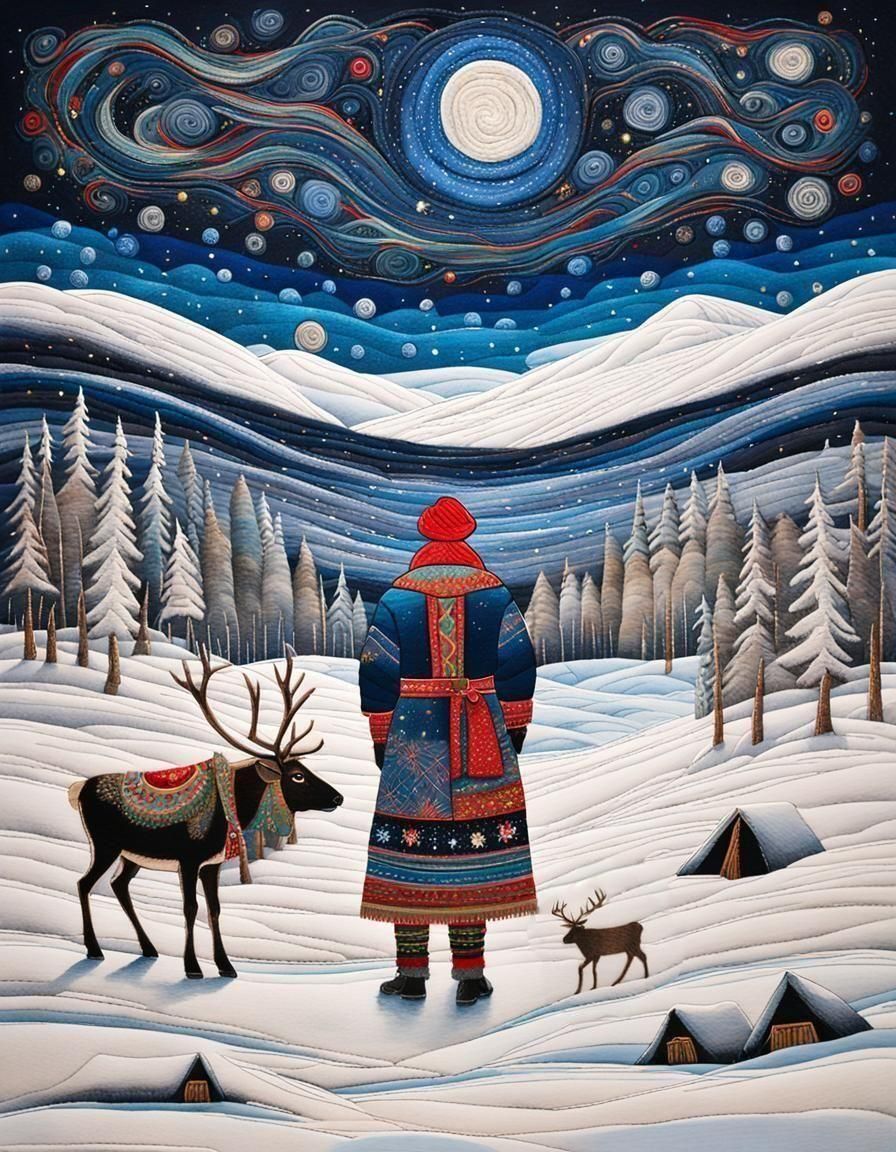 Sami Reindeer Herders in Lapland Fabric Collage