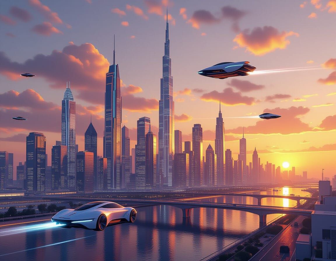 Futuristic Cityscape with Flying Cars at Sunset