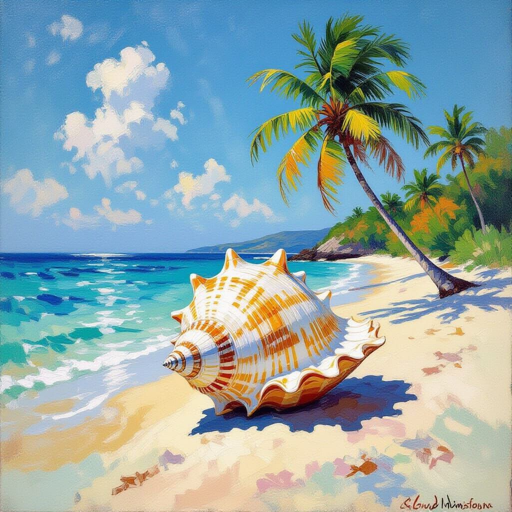 Impressionist Beach Scene: Giant Shell and Coconut Tree