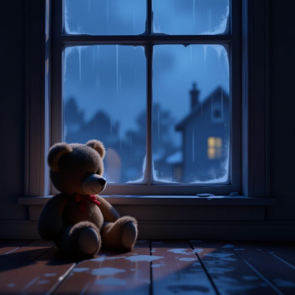 Worn Teddy Bear on Windowsill During Storm