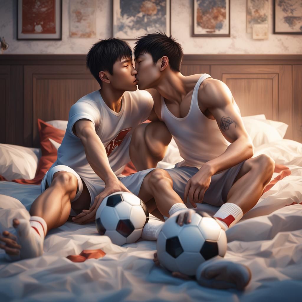 Passionate Kiss: Two Asian Men in Bed, Detailed Painting