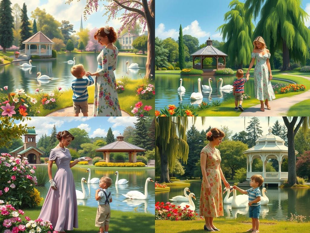 1950s Mother and Son Enjoy Swans in Park