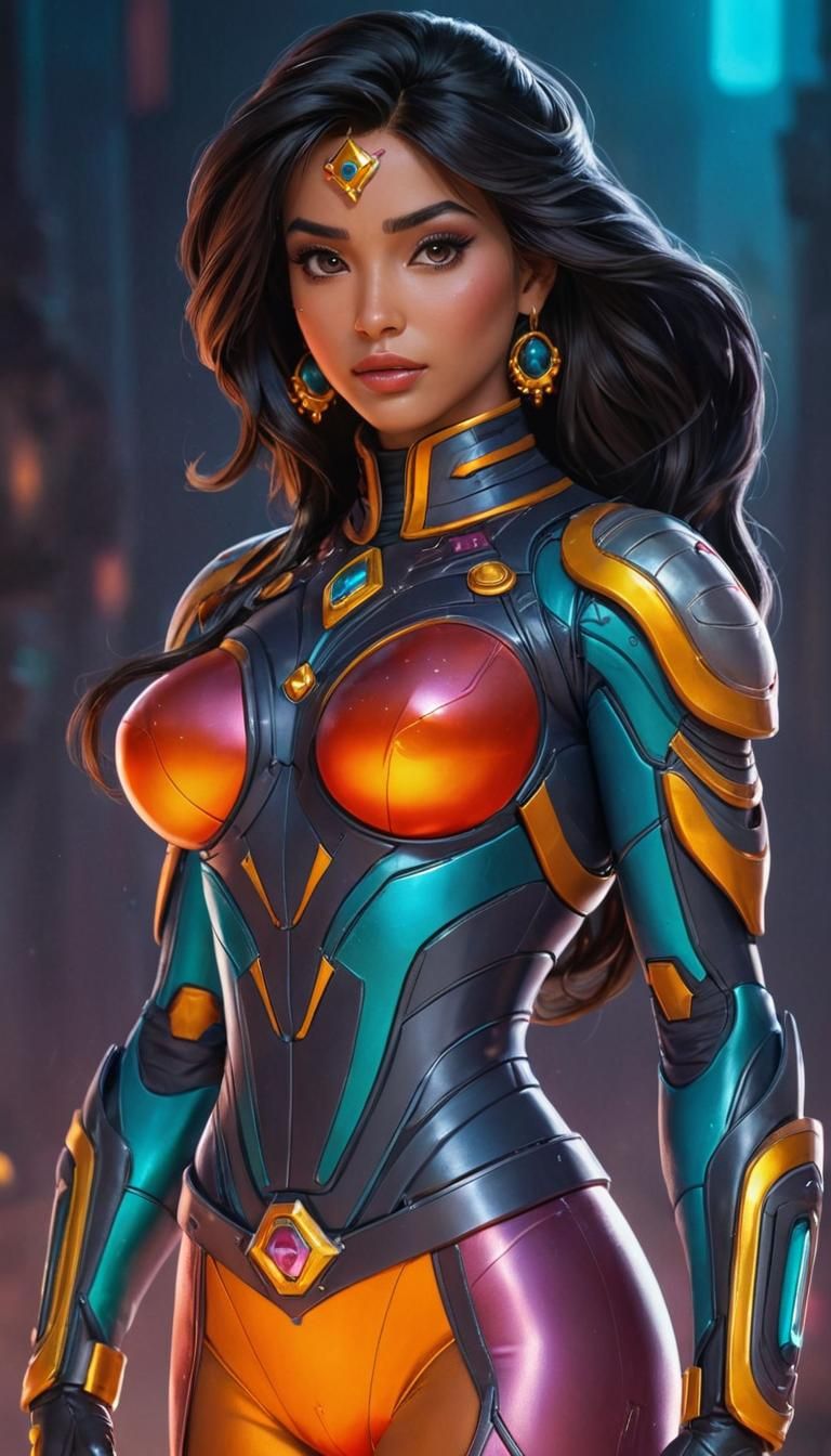 Jasmine in High-Tech Power Suit: Hyperrealistic Concept Art