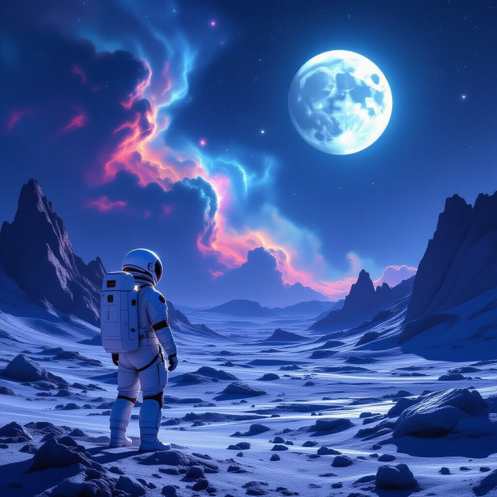 Astronaut Gazes at Alien Sky With Nebulae and Glowing Rocks