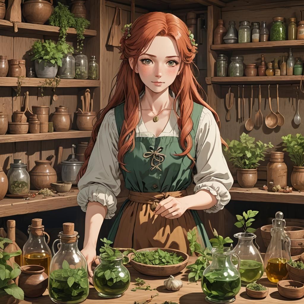 Anime Herbalist in 18th Century Style Kitchen