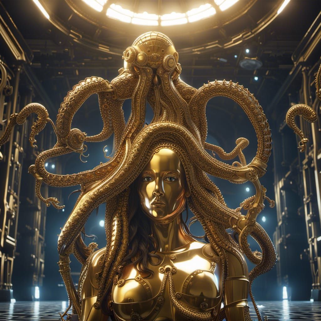 Mona Lisa with Neon Octopus: Sci-Fi Digital Art