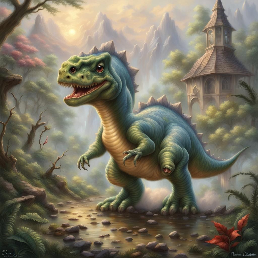 Ethereal Chibi Dinosaur in Fantasy Landscape