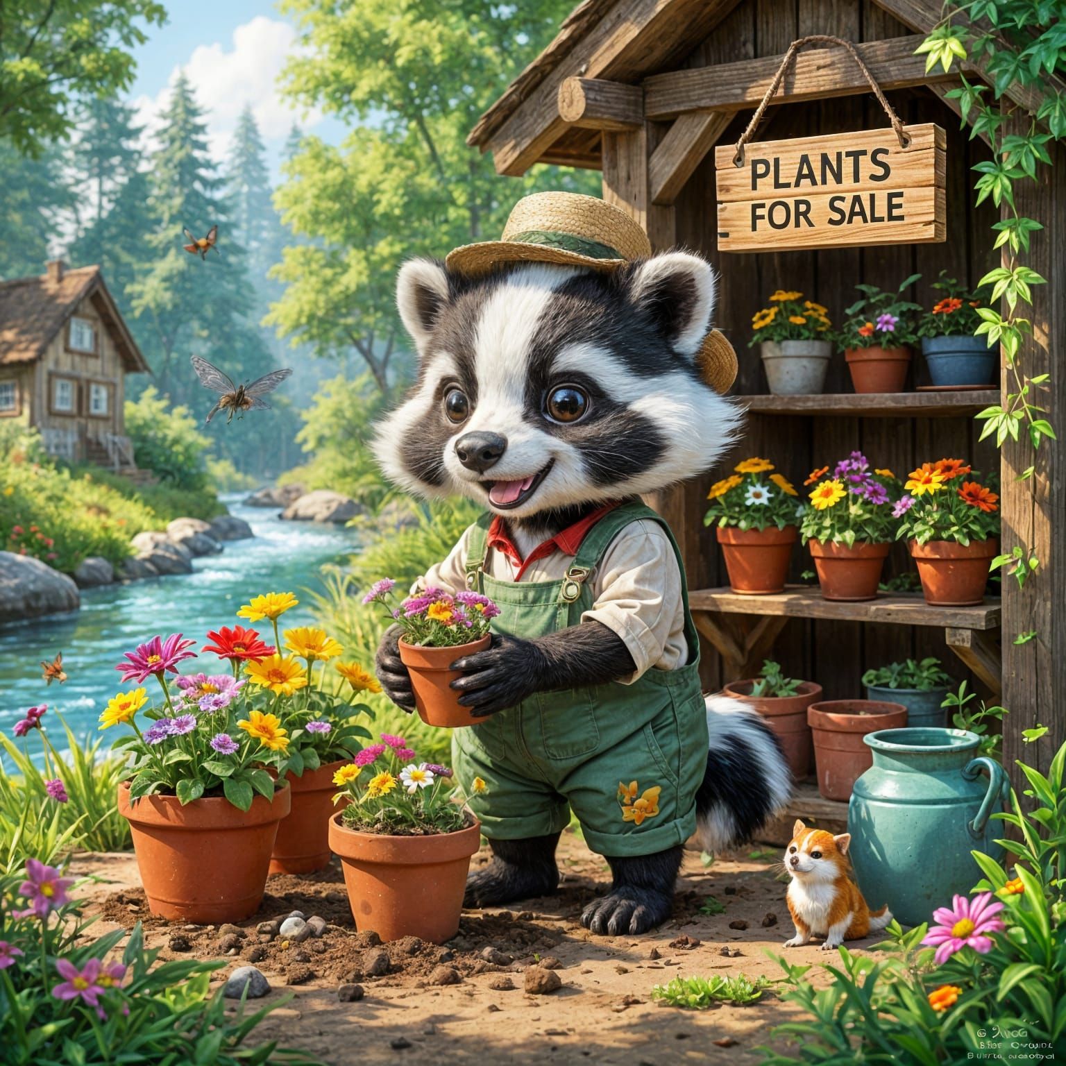 Chibi Badger Gardener in Colorful Potting Shed