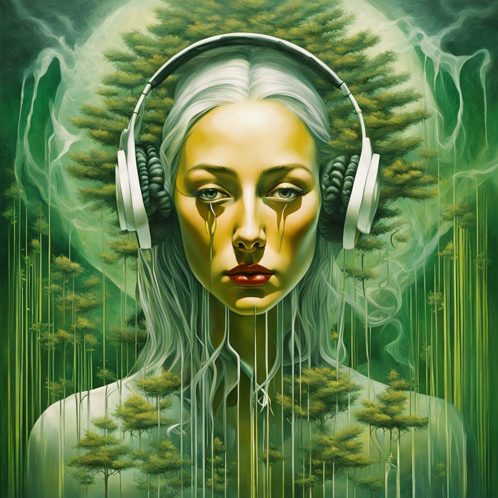 extreme close up double exposure portrait that blends an image of glowing musical note tubes with a glitched surreal bac...