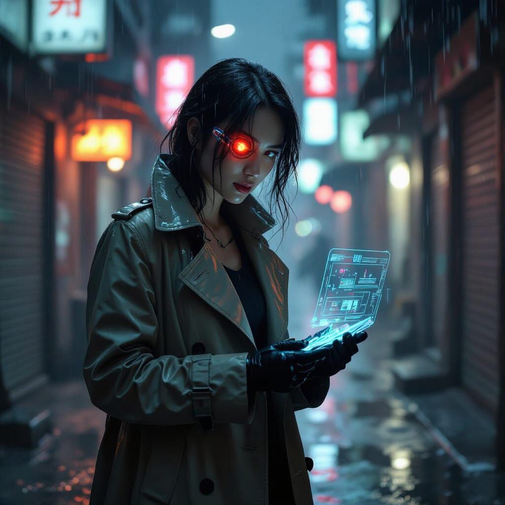 Cyberpunk Detective in Neo-Seoul Alley with Glowing Eye