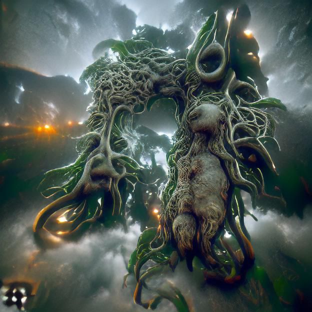 Ethereal Tree God in Misty Forest