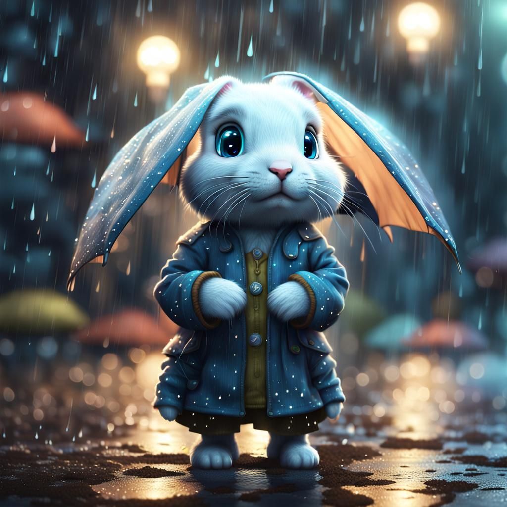 Sad Bunny in Rain, Fantasycore 8k Masterpiece