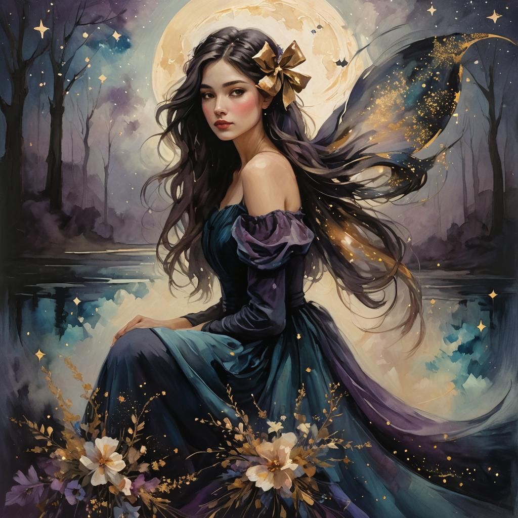 Girl Gazing at Starry Night Sky in Gothic Style
