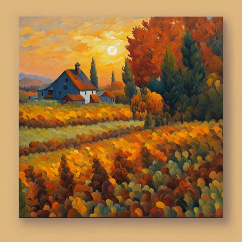 Farmer Working Field In Autumn Neo-Impressionism Style