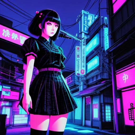 Japanese Gothic Female in Synthwave Neon Style