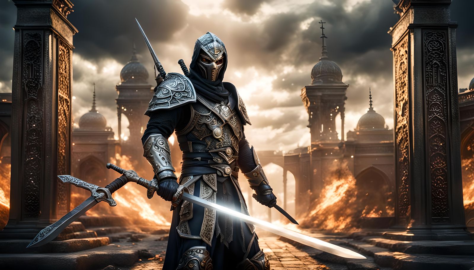 Metallic Android Assassin Guards Hell in Hyperrealistic HDR