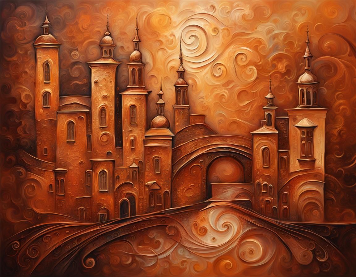 Copper Hued Cityscape with Intricate Patterns