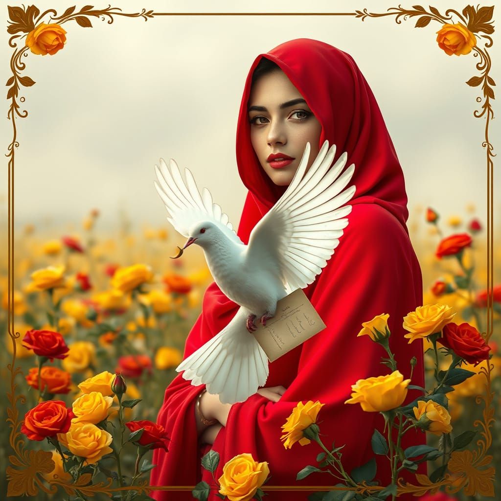 Iranian Woman with Dove in Rose Field