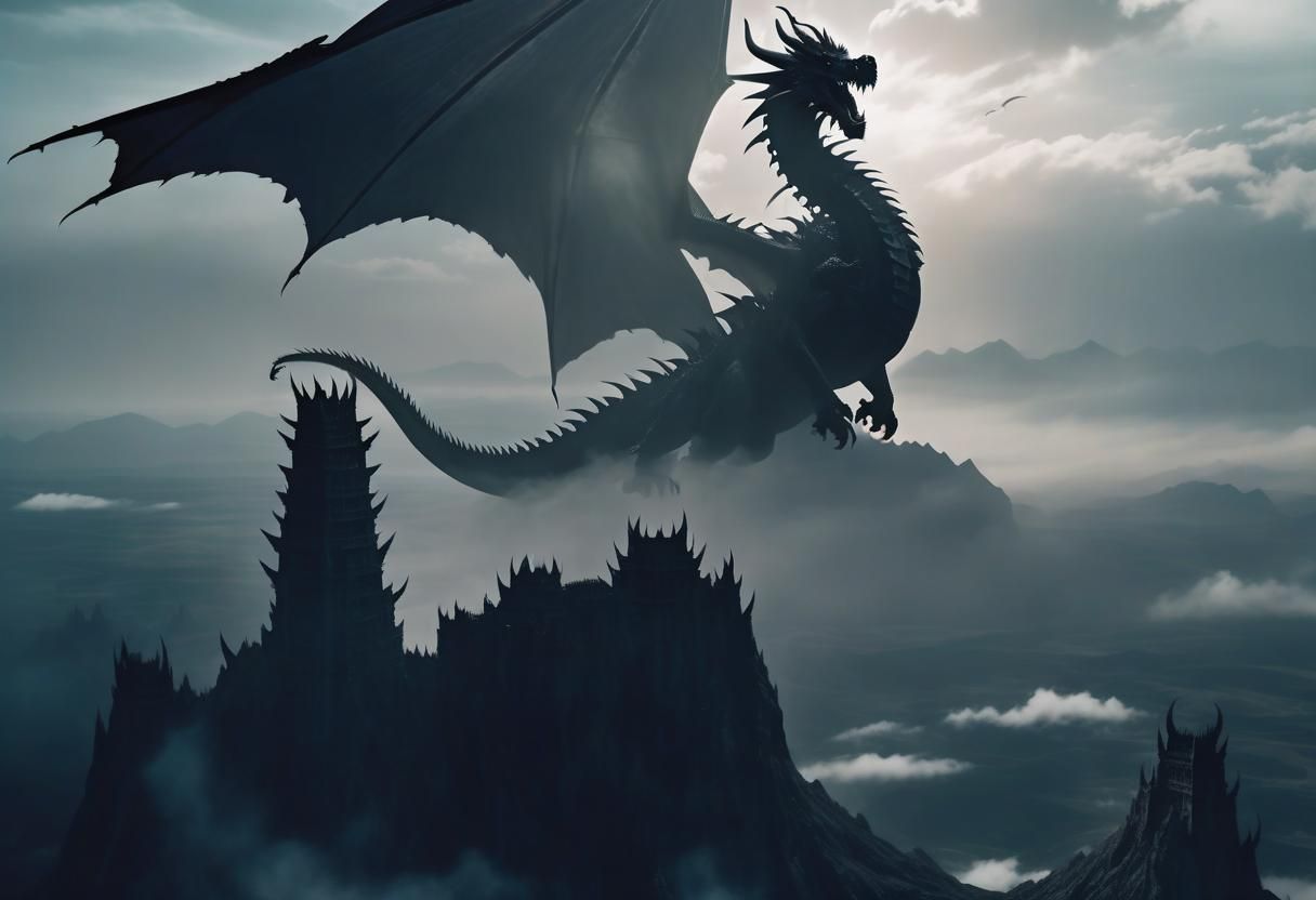 Ominous Black Dragon Soaring in the Distance
