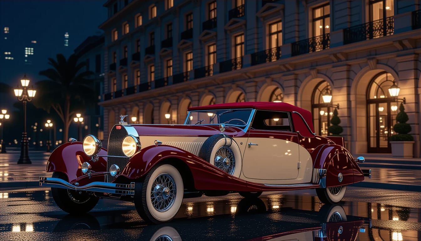 1930s Bugatti Royal: Classic Luxury Car at Night
