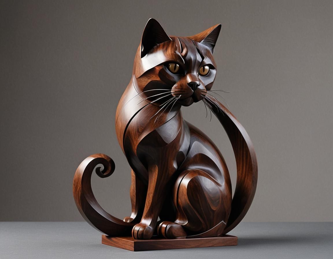Abstract Cat Sculpture in Mahogany and Rosewood