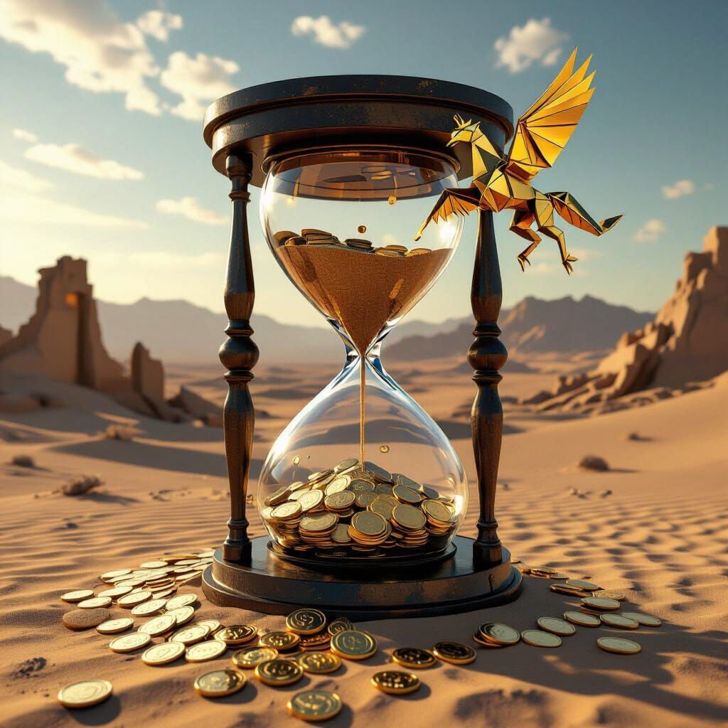 Colossal Coin Hourglass in Desert Landscape