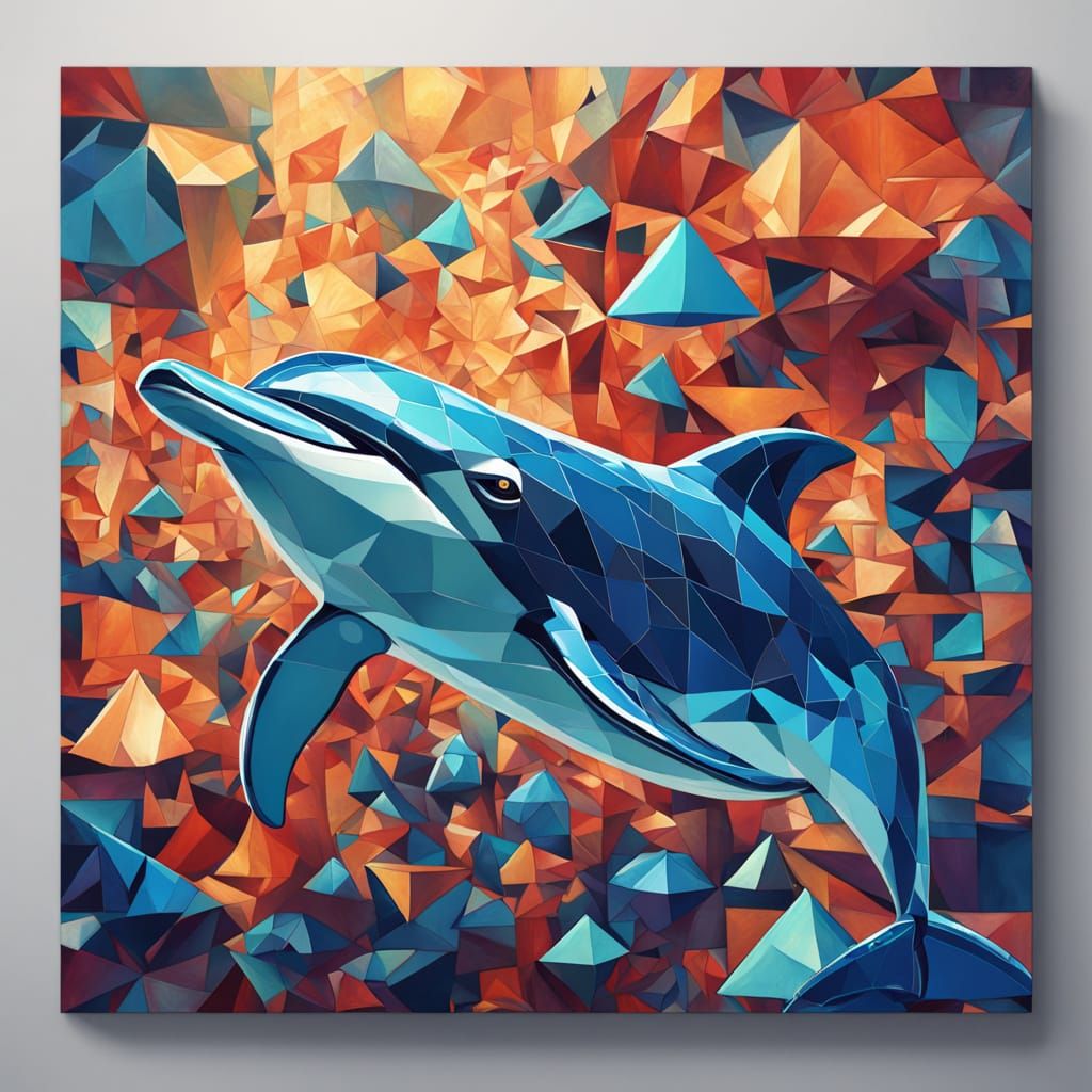 Neo-Cubist Dolphin Amidst Geometric Shapes