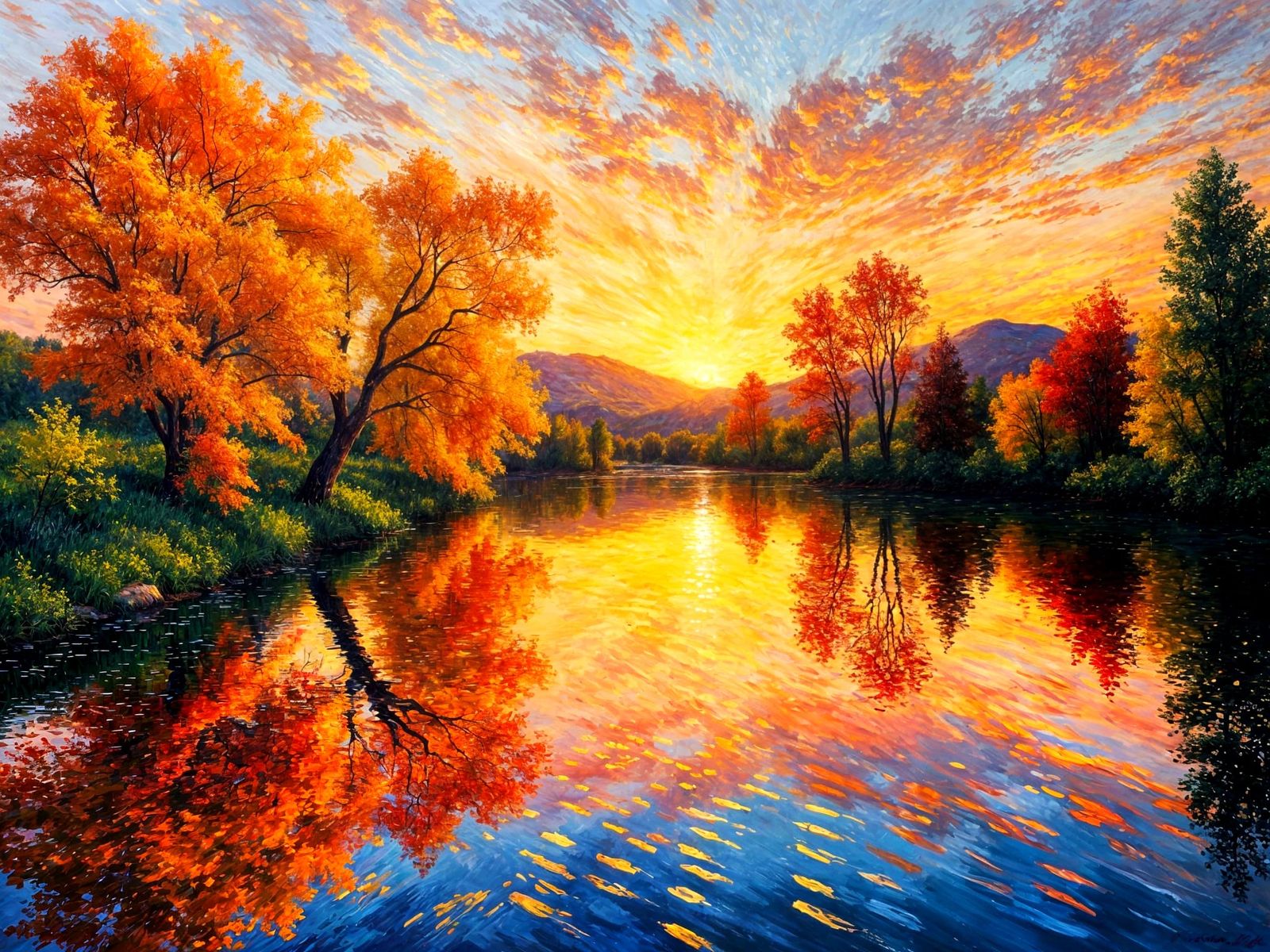 Impressionist Masterpiece of Trees by a Serene River at Suns...