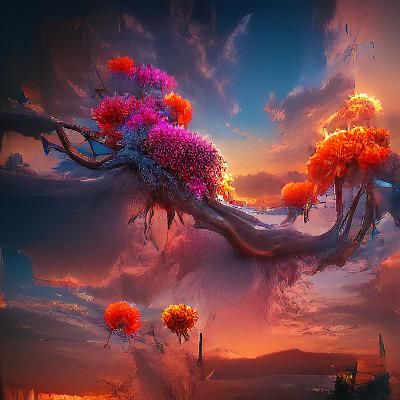 Fantastical Flower Tree at Sunset: Detailed Digital Painting