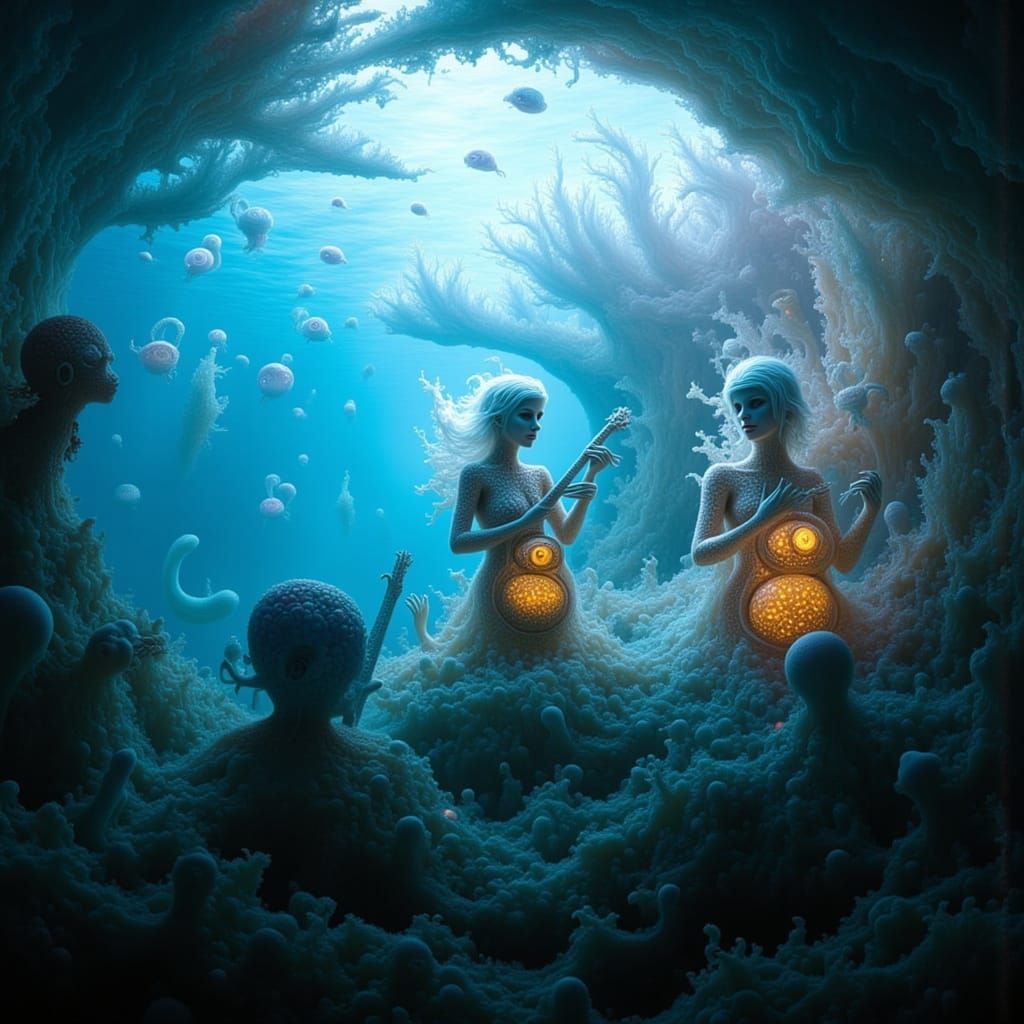 Surreal Underwater Realm with Iridescent Dome and Mermaids
