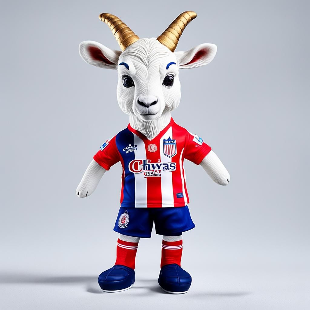 Goat anthropomorphic with jersey chivas rayadas del Guadalajara (jersey is red and white vertical stripes and blue detai...