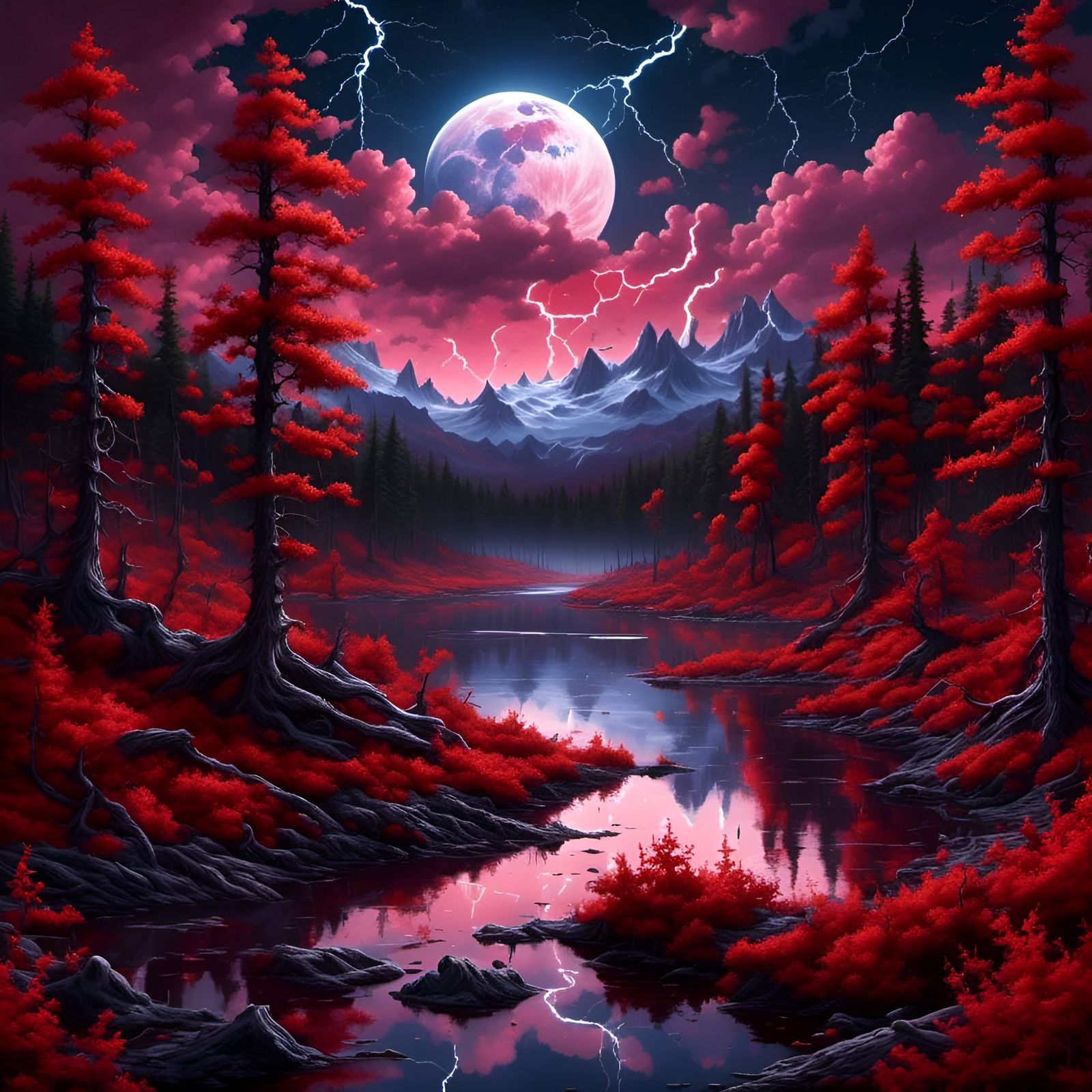 Red Moonstorm in Luxurious Alpine Forest