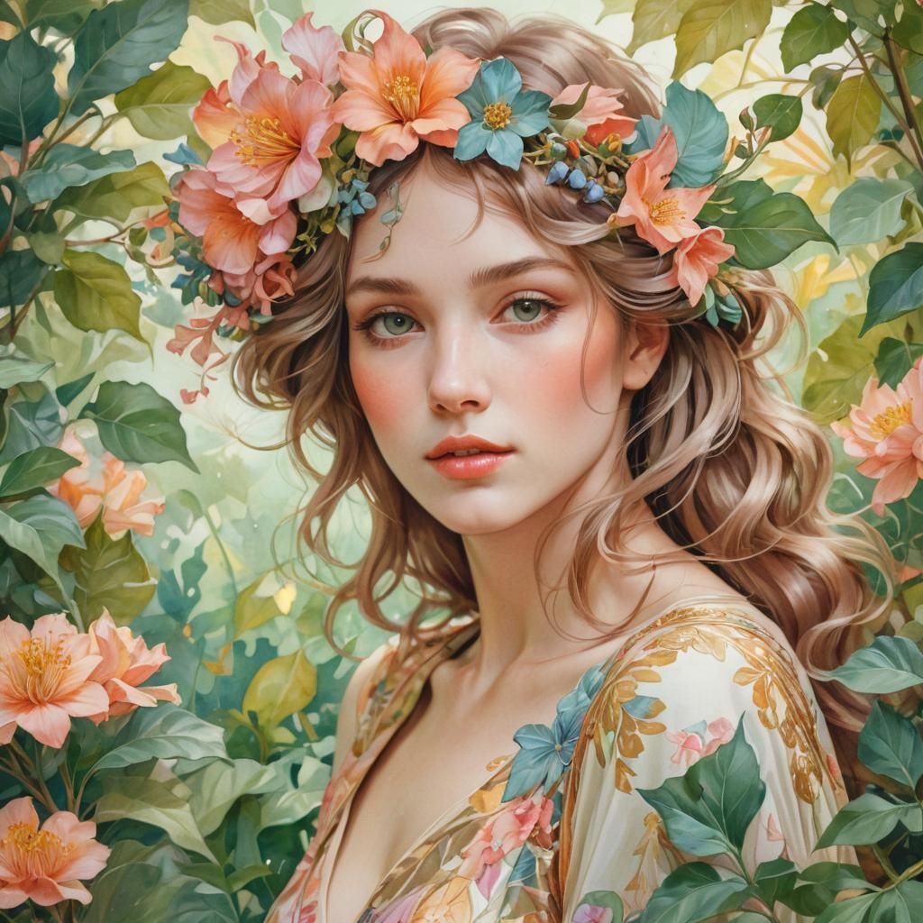 Floral Portrait of Woman in Watercolor Style