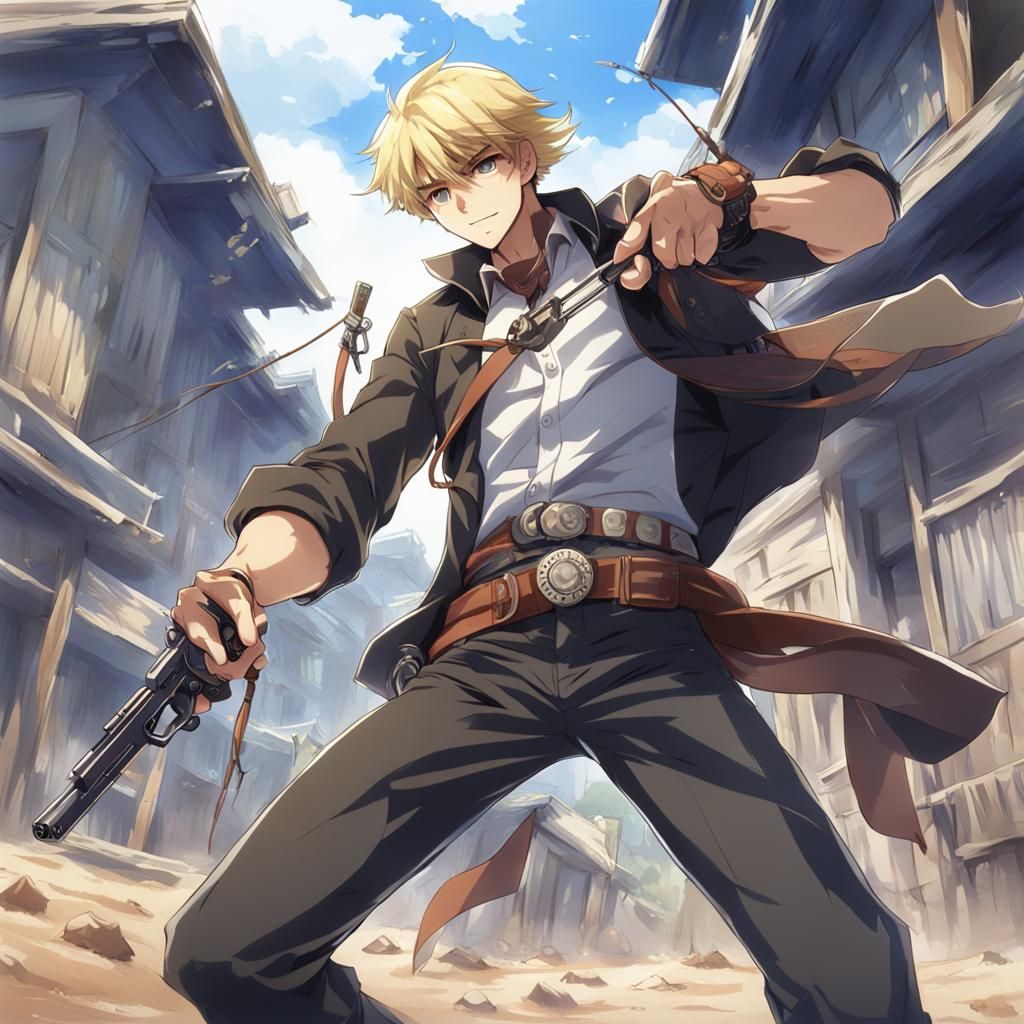 Cowboy with Pistol and Lasso in Anime Style