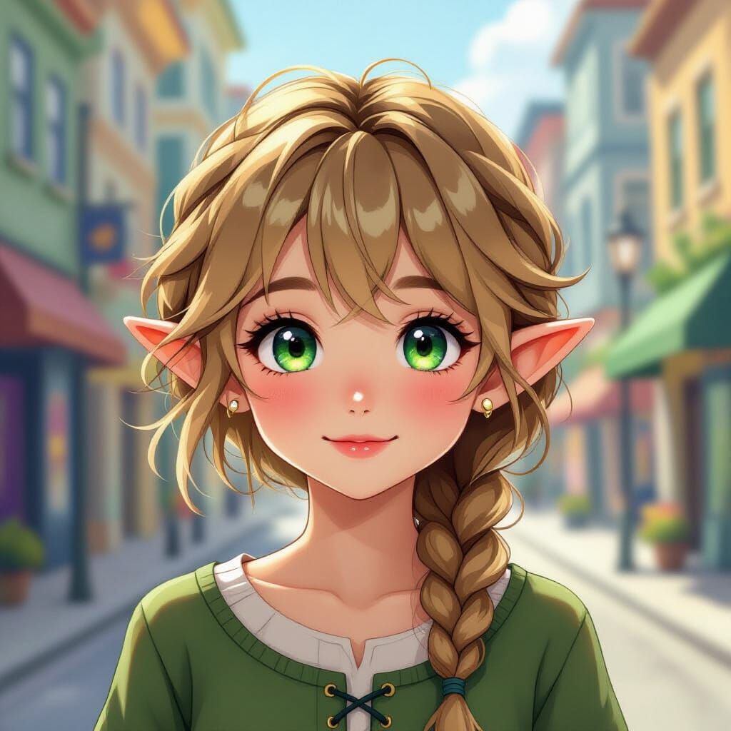 Anime Elf Girl Portrait in Bright City Daylight