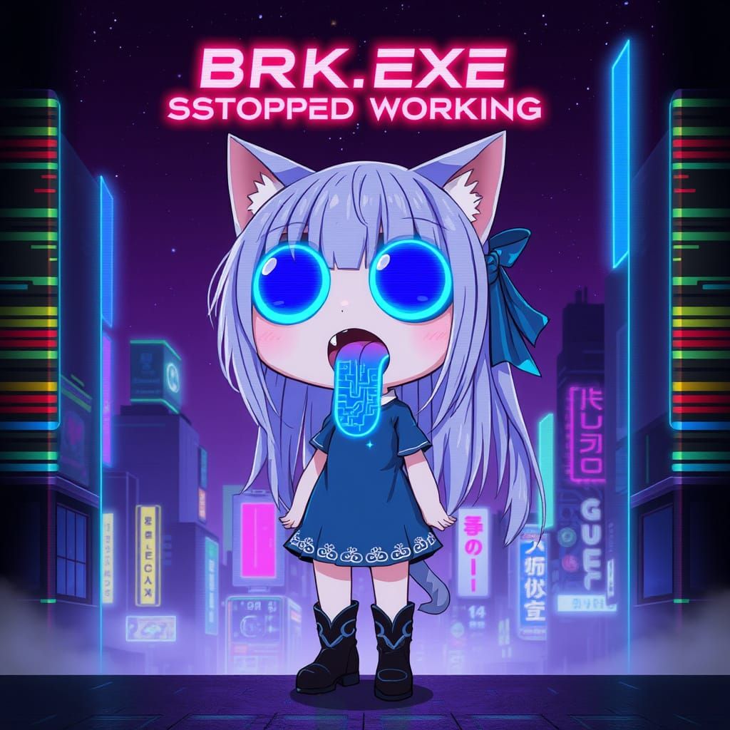 Cyberpunk Anime Catgirl Glitch in Neon Cityscape