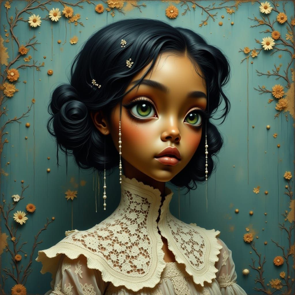 Ethereal African Goddess with Pearls and Vintage Lace