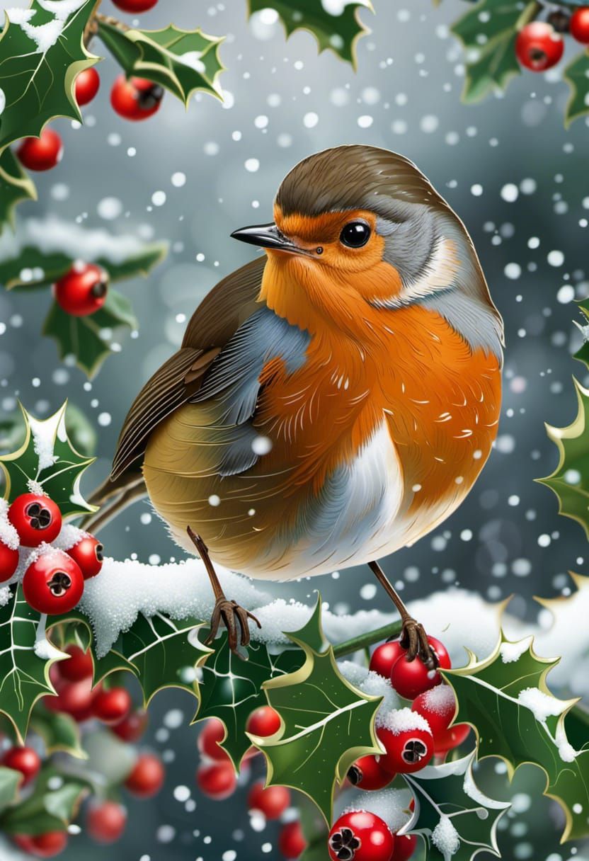 Beautiful little robin in a holly bush with snowfall