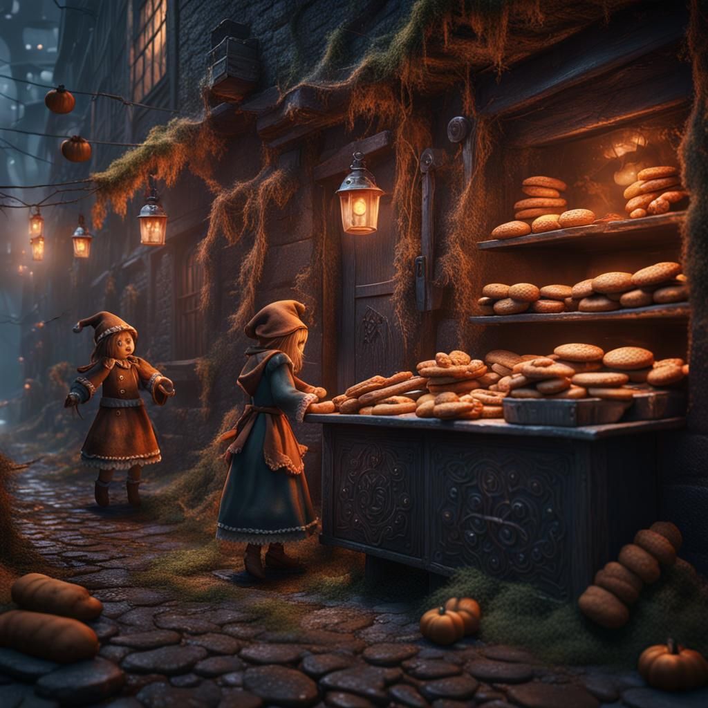 Gingerbread Witch Baking in a Fantastical Alley