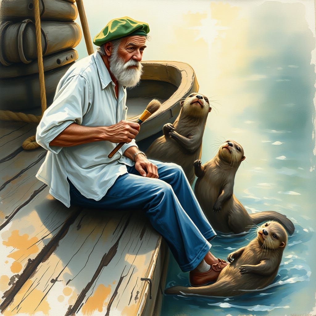 Fisherman Watching Otters in Watercolor Impasto Style