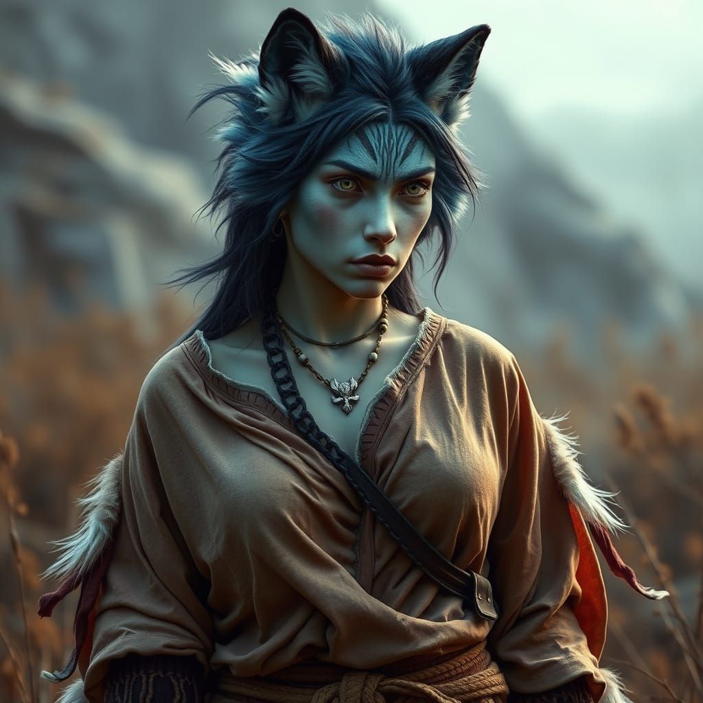 Enchanting Blue Wolf Girl in Hyperrealistic Style