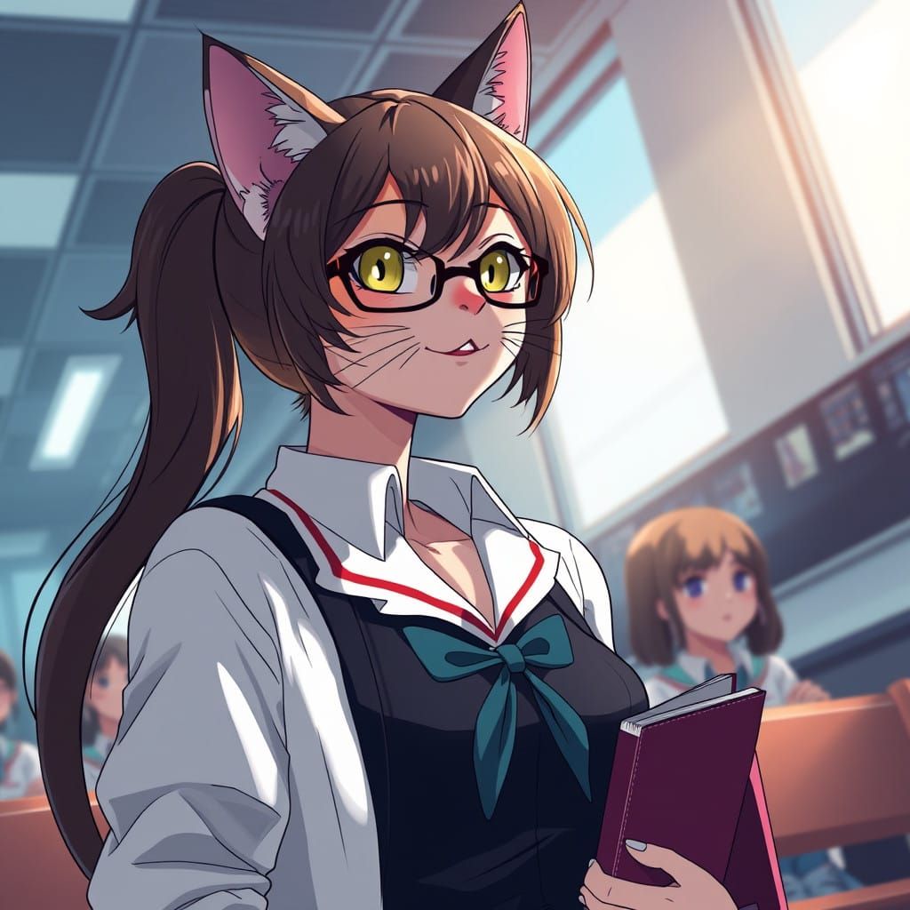 Manga-Inspired Cat Woman in a School Setting