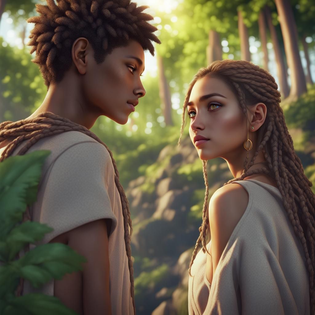 Anime Teens Smirking on Tropical Island