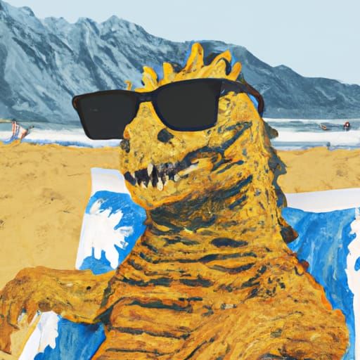 Godzilla on Beach in Van Gogh Style