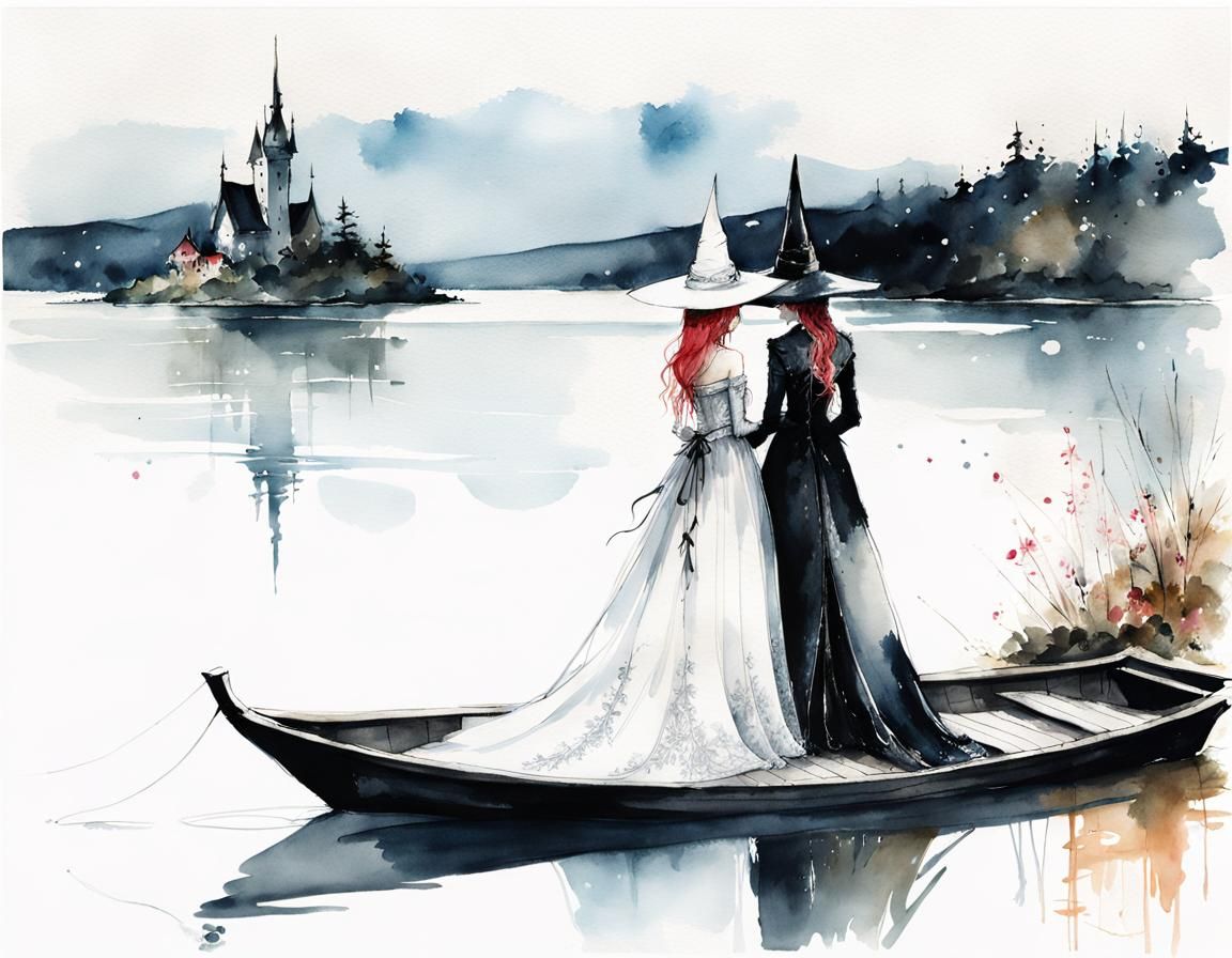 Witch Wedding by the Lake: Watercolour Illustration