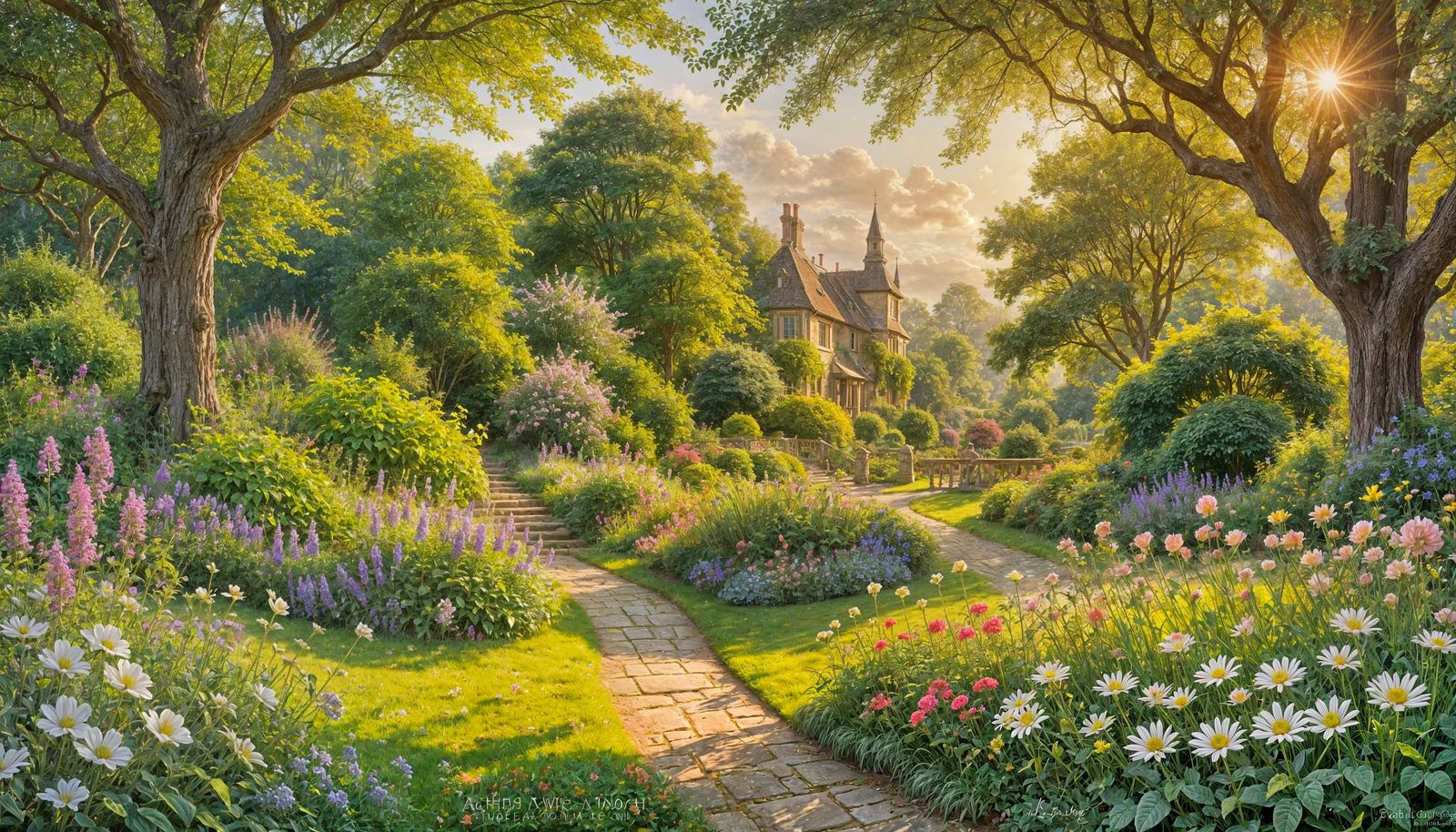 Whimsical English Landscape Garden Illuminated by Iridescent...