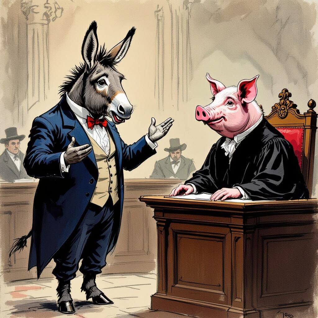 Donkey Attorney Debates Pig Judge in Caricature Courtroom